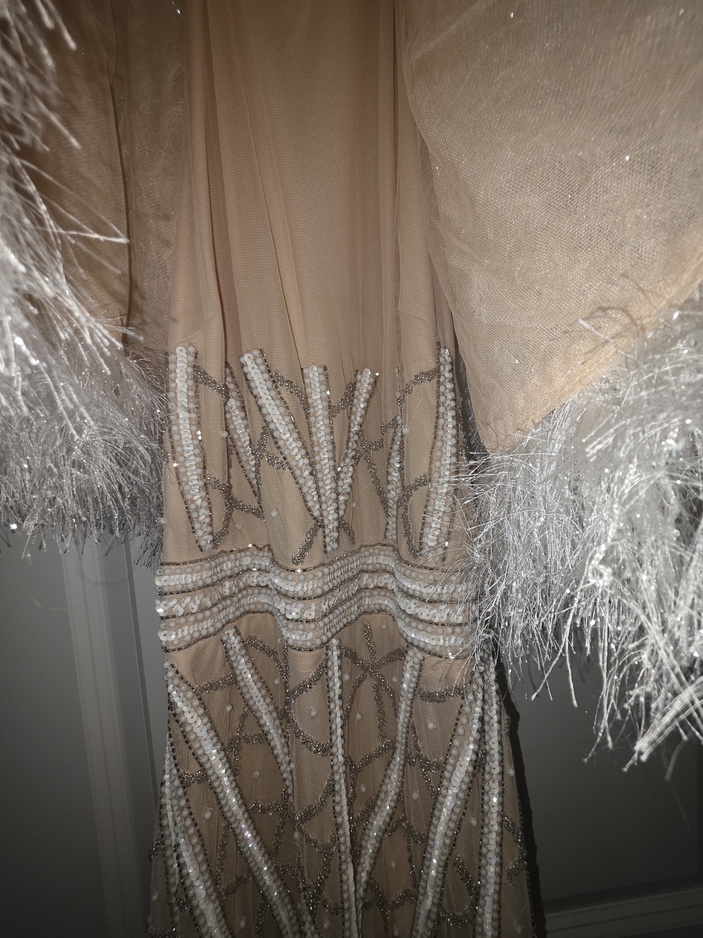 RARE ASOS LUXE Beaded Nude Evening Dress with Feather Cape - Picture 4 of 10